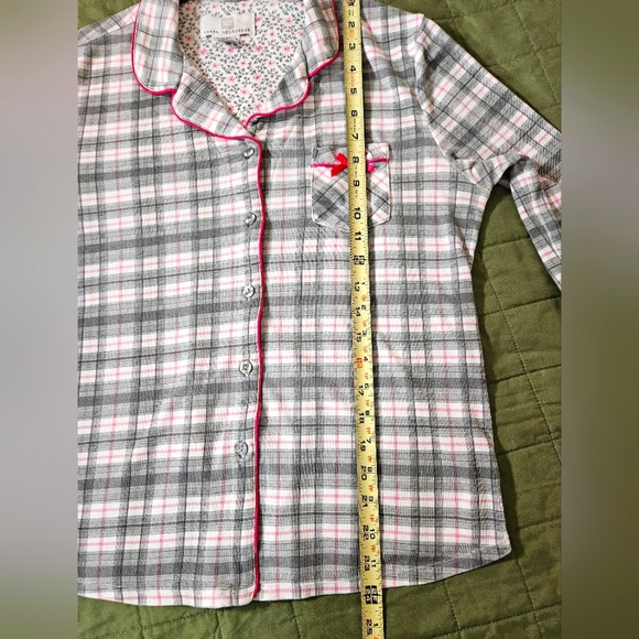 Karen Neuburger size S pajama set pant button up top pink/grey plaid soft - Picture 2 of 11